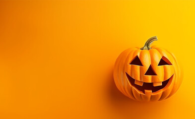 A pumpkin lantern shining on a bright yellow backdrop, embodying the festive ambiance of Halloween.