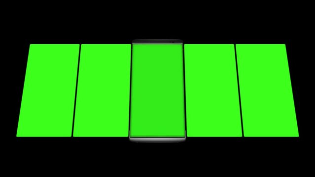 Multiple Smartphone with green screen isolated on Black Background . HD animation with mobile phone mockup 