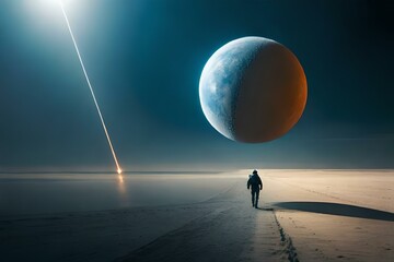 a man is walking towards moon