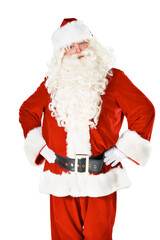 Portrait, Christmas and season with a Santa Claus man isolated on a transparent background for December celebration. Winter, holiday and festive with a male in a red costume on PNG for a merry event