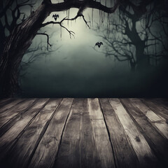 Spooky halloween background with empty wooden planks, dark horror background. Celebration theme, copyspace for text. Ideal for product placement, generative ai