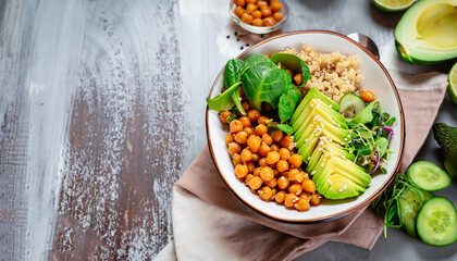 Healthy vegetable lunch from the Buddha bowl with quinoa, avocado, chickpeas. healthy food dish for vegetarians.