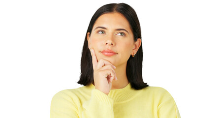 Thinking, idea and face of a young woman with vision isolated on a transparent, png background. Question, solution and a female person with hand on chin for choice, decision or problem solving - obrazy, fototapety, plakaty