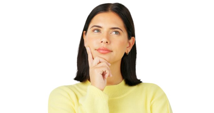 Thinking, idea and face of a young woman with vision isolated on a transparent, png background. Question, solution and a female person with hand on chin for choice, decision or problem solving