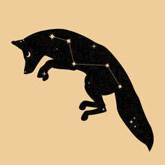 Charming universe silhoutte of fox with Vulpecula constellation, moon, stars. Magic, astrology, asrtonomy concept. Tarot card style vector illustartion. For logo, poster, postcard, business card.