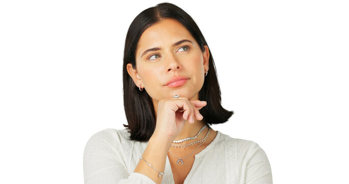 Thinking, idea and decision with a young woman to consider an option. Face, question and problem solving with female person isolated on transparent, png background with doubt, solution or inspiration