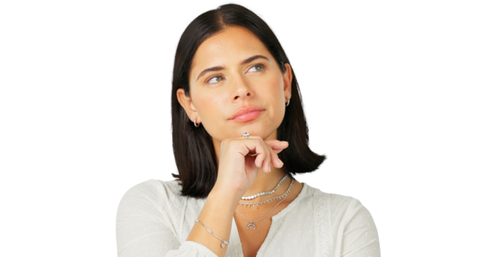 Thinking, idea and decision with a young woman to consider an option. Face, question and problem solving with female person isolated on transparent, png background with doubt, solution or inspiration