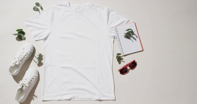 Video of flat lay of white t shirt, sneakers, sunglasses and copy space on white background