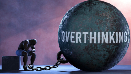 Overthinking - a metaphor showing human struggle with Overthinking. Resigned and exhausted person chained to Overthinking. Drained and depressed by a continuous struggle,3d illustration