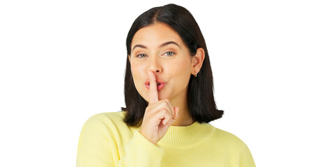 Secret, portrait or quiet woman with finger on lips for drama news isolated on transparent png...