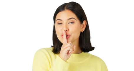 Secret, portrait or quiet woman with finger on lips for drama news isolated on transparent png background. Deal, silence or face of girl with shush sign on mouth to gossip in confidential privacy
