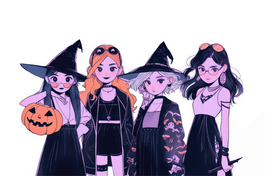 Cute cool witch girls in halloween costume