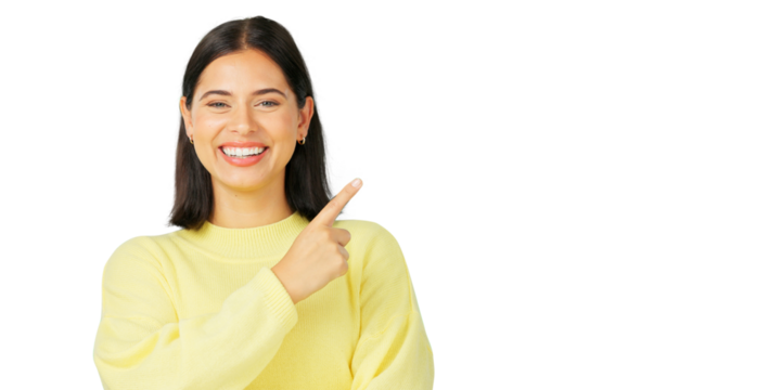 Portrait, pointing and woman for marketing, advertising or presentation. Hand gesture, smile and option or information of a young female isolated on a transparent png background for promotion or show