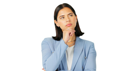 Serious, thinking and face of a business woman with vision or doubt isolated on a transparent, png background. Question, decision and a person with hand on chin for choice, idea or problem solving
