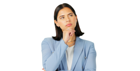 Serious, thinking and face of a business woman with vision or doubt isolated on a transparent, png background. Question, decision and a person with hand on chin for choice, idea or problem solving