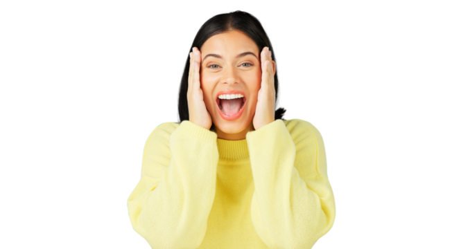 Surprise, wow portrait and woman for news, announcement and information. Excited, happy and face of a young girl smile with shocked and omg or crazy scream isolated on a transparent png background