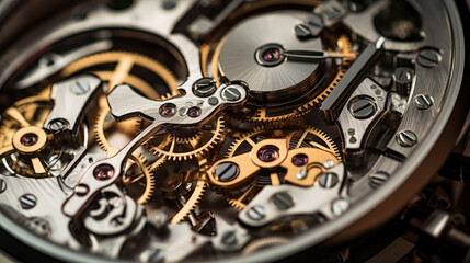 Fototapeta na wymiar Close-up view of stainless steel watch mechanism