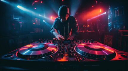 DJ plays on the best, famous CD players at nightclubs during the party