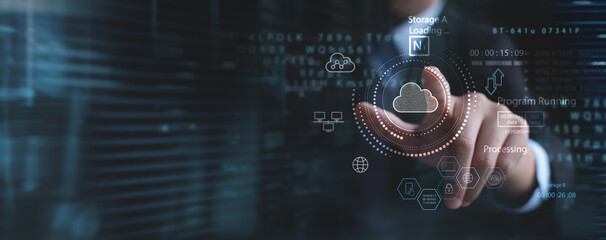 Businessman touching cloud and edge computing network. Cloud technology, Data transfer and backup service for data protection, cyber security technology, system exchange of information global business