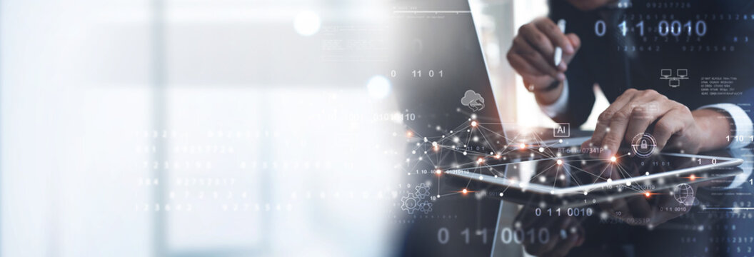 Data exchange, digital technology, cloud computing concept. Computer programmer working with tablet computer and laptop with AI and data exchange, computer code, internet global network