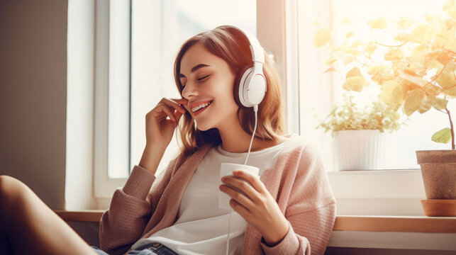 Happy young woman holding mobile phone enjoying music listening through wireless headphones in the living room
