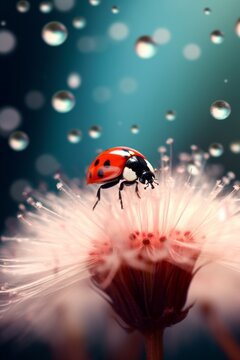 Ladybug on the dandelion, in the style of grandiose color schemes. Close up shot. Light red and light navy.