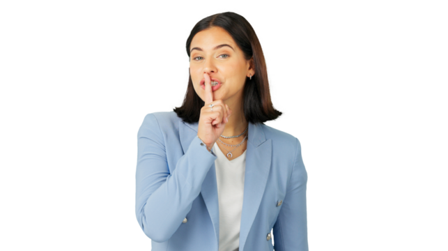 Secret, portrait and business woman with finger on lips isolated on transparent png background for privacy. Face of worker, whisper gesture and quiet emoji for confidential news, surprise and drama