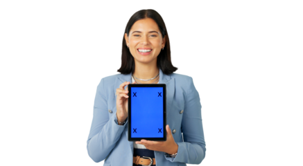 Happy business woman, portrait and tablet mockup for advertising isolated on a transparent PNG background. Female person or employee show technology display screen with tracking markers for marketing