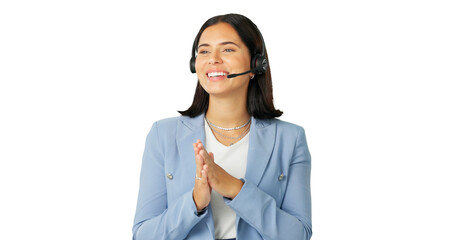 Business woman, call center or consulting on headphones isolated on a transparent PNG background. Happy, female person or consultant agent talking for online advice, telemarketing or customer service