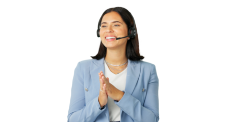 Business woman, call center or consulting on headphones isolated on a transparent PNG background. Happy, female person or consultant agent talking for online advice, telemarketing or customer service