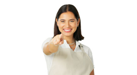 Portrait, decision and a woman excited for an opportunity isolated on a transparent background to vote for you. Smile, pointing and selection with a happy young female person on PNG for choice