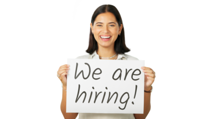 Happy woman, portrait and hiring sign for job advertising or opportunity isolated on a transparent PNG background. Female person employer with billboard or poster in recruiting, advertising or growth
