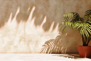 Concrete wall background with plant shadow, Summer tropical architecture scene