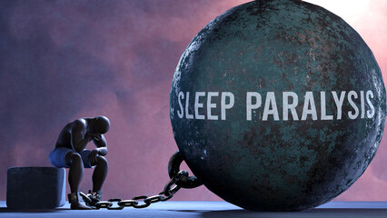Sleep paralysis - a metaphor showing human struggle with Sleep paralysis. Resigned and exhausted person chained to Sleep paralysis. Drained and depressed by a continuous struggle,3d illustration - obrazy, fototapety, plakaty