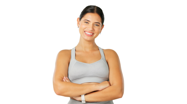 Happy woman, portrait and fitness with arms crossed in confidence isolated on a transparent PNG background. Female person or professional sports athlete smile for workout, exercise or training at gym - Powered by Adobe