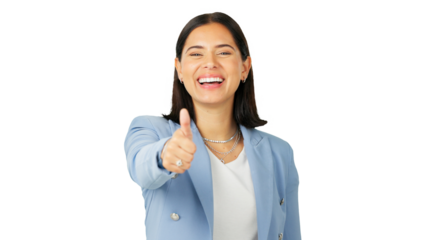 Thumbs up, portrait and excited business woman isolated on a transparent png background. Face, smile and professional with like hand sign for success, support and agreement, thank you or excellence