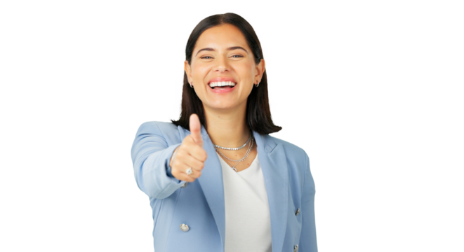 Thumbs up, portrait and excited business woman isolated on a transparent png background. Face, smile and professional with like hand sign for success, support and agreement, thank you or excellence