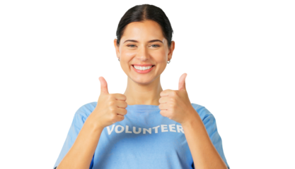 Thumbs up, portrait of woman and volunteer with smile isolated on a transparent png background. Face, happy and charity person with like hand for feedback, support or agreement, motivation or success