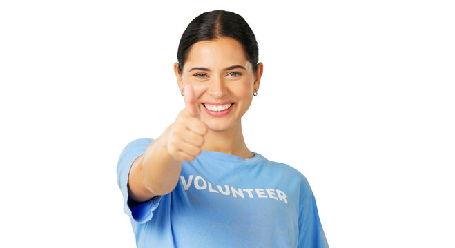 Portrait of woman, thumbs up and volunteer happy isolated on a transparent png background. Face, smile and charity person with like hand sign for feedback, support or agreement, motivation or success