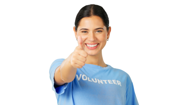 Portrait of woman, thumbs up and volunteer happy isolated on a transparent png background. Face, smile and charity person with like hand sign for feedback, support or agreement, motivation or success - Powered by Adobe