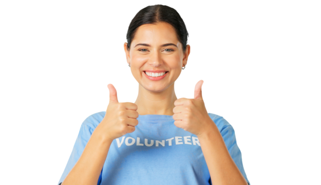 Thumbs up, portrait of woman and volunteer with smile isolated on a transparent png background. Face, happy and charity person with like hand for feedback, support or agreement, motivation or success