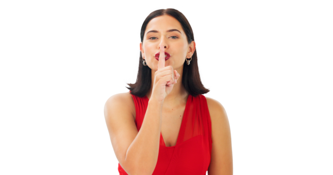 Secret, portrait and woman with finger on lips isolated on a transparent png background for privacy, quiet and news. Female model, face and silence for gossip, whisper emoji and confidential surprise