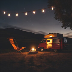 Road Trip Adventures. Calm Warm Night on a Camping. Camper Van, Outdoor Chairs and Romantic Light From Lanterns. Vacation in Recreational Vehicle.