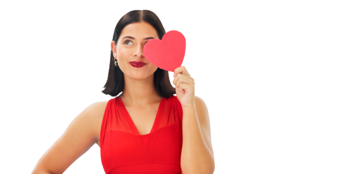 Woman, red paper heart and thinking of love, support and isolated on a transparent png background. Face of happy female model with emoji sign, shape and icon for romance, kindness and valentines day