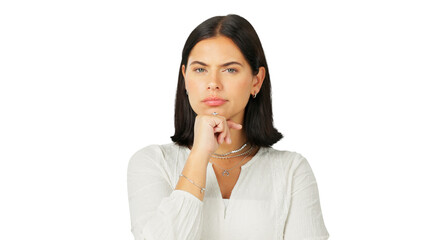 Thinking, serious and portrait of a young woman isolated on a transparent, png background. Question, suspicious and a female person with hand on chin for plan with doubt, emoji or problem solving
