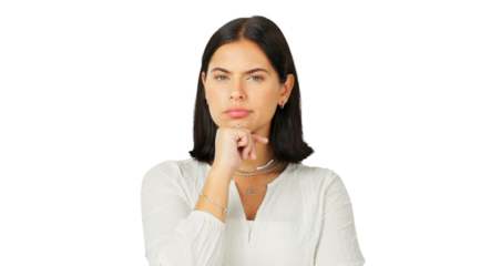 Thinking, serious and portrait of a young woman isolated on a transparent, png background. Question, suspicious and a female person with hand on chin for plan with doubt, emoji or problem solving
