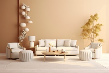 A living room interior is designed with ample space for customization, featuring a vase filled with rowan flowers, a white pouf, a beige rug, a round coffee table, a trendy lamp, a wall adorned with