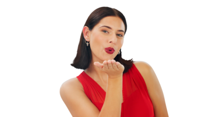 Portrait, woman and blow kiss with hands for love, care and romantic flirting isolated on transparent png background. Happy female model kissing air with emoji, reaction and date for valentines day