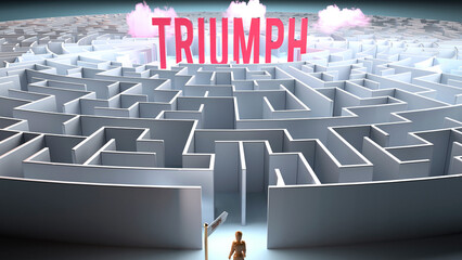 A vulnerable person in front of a big obstacle and a challenge to find a path to Triumph. A struggle of going through a maze of difficulties and problems.,3d illustration - obrazy, fototapety, plakaty