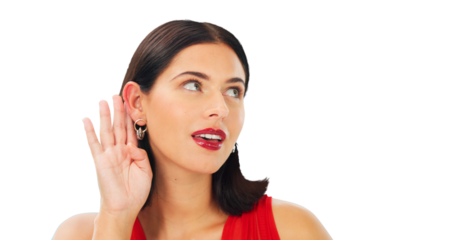 Ear, hear and a woman listening to gossip, rumor or announcement about sale or promotion. Face of a young female model person isolated on a transparent, png background for secret, whisper or news
